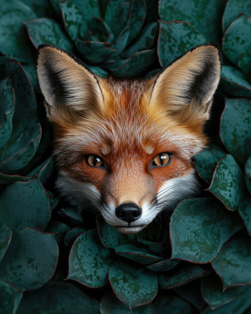 Curious fox peeking through lush green foliageの素材