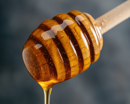 Dripping honey on wooden dipperの素材