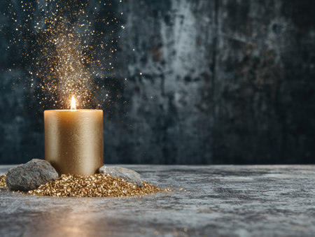 Sparkling golden candle with glitter on dark backgroundの素材