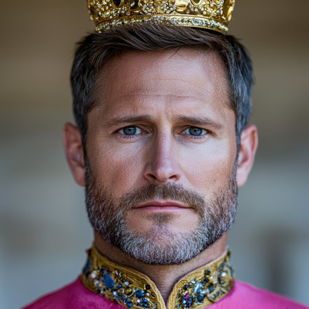 Regal portrait of a bearded man wearing a golden crownの素材
