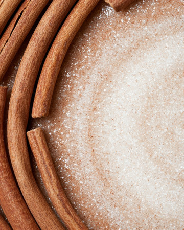 Cinnamon sticks and brown sugar on a light backgroundの素材