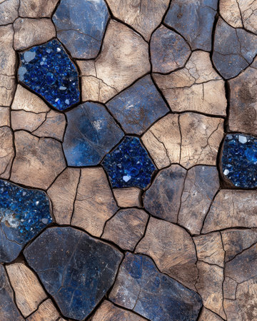 Cracked stone mosaic with blue crystalsの素材