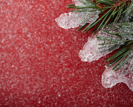 Icy pine needles on a red backgroundの素材