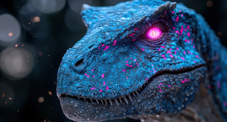 Closeup of a vibrant blue and pink lizard with glowing eyesの素材
