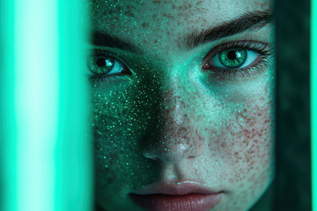 Glowing green eyes with sparkling makeupの素材