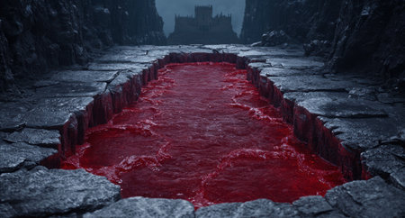 Crimson river flowing through dark, rocky canyon with ancient castle in the distanceの素材