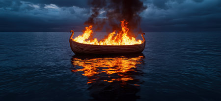 Burning Viking ship on the open seaの素材