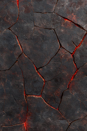 Cracked stone surface with fiery red veinsの素材
