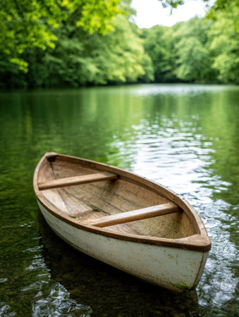 Peaceful wooden boat on serene lakeの素材
