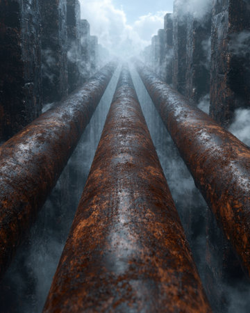 Rusted industrial pipes leading into the distanceの素材