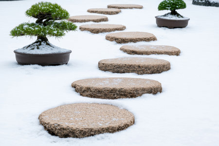 Snowy zen garden with stepping stones and bonsai treesの素材