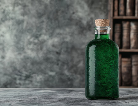 mysterious green potion bottle on wooden tableの素材