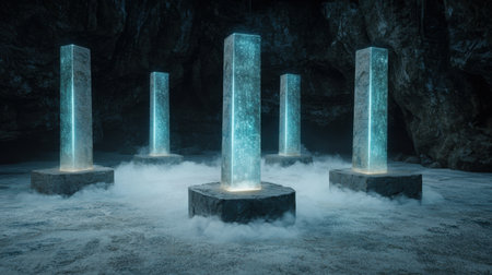 Glowing ice pillars in dark caveの素材