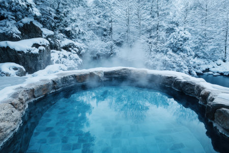 Serene winter hot spring in snowy forestの素材