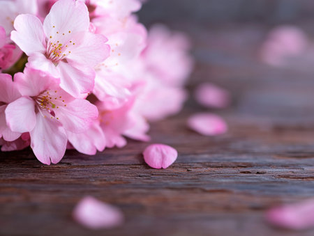 Delicate pink cherry blossoms on a wooden tableの素材