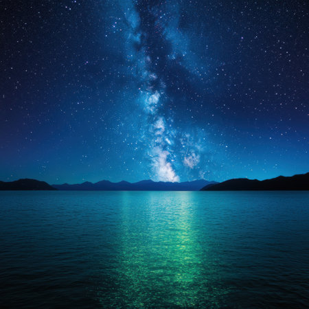 Serene night sky reflected in tranquil lakeの素材