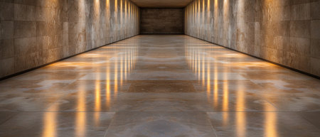 Reflective hallway with warm lightingの素材