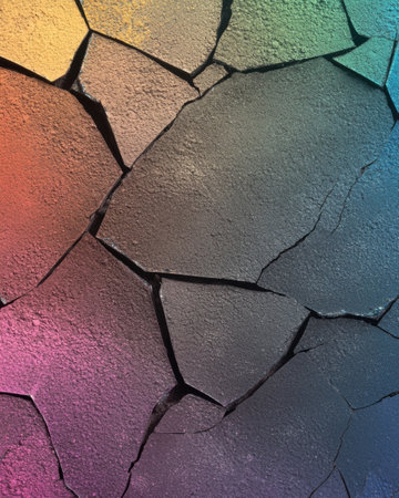 Cracked abstract textured surface with vibrant colorsの素材