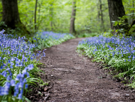 Enchanting forest trail surrounded by vibrant bluebellsの素材