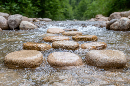 Flowing stream with smooth stones in a lush forestの素材