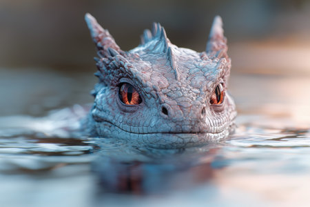 Closeup of a blue dragon's head emerging from waterの素材