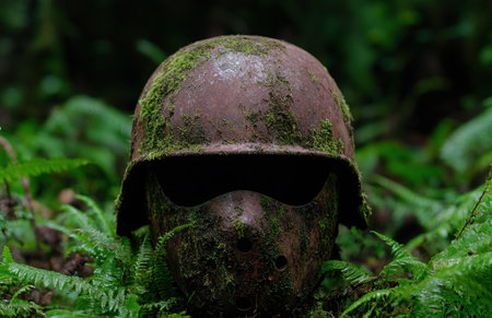 Moss-covered military helmet in forestの素材
