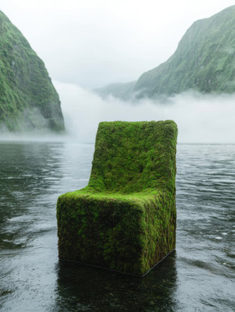 Moss-covered rock in serene lake surrounded by misty mountainsの素材