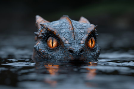Fierce reptilian eyes emerging from dark watersの素材