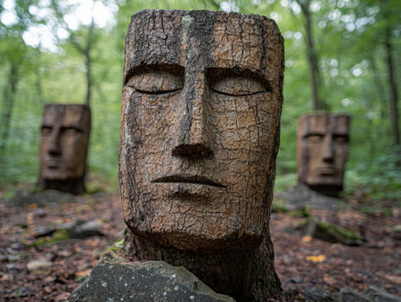 Carved wooden faces in forestの素材
