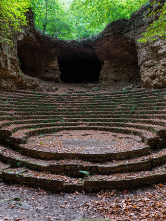 Mysterious stone amphitheater in lush forestの素材