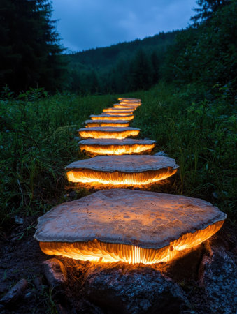 Glowing mushroom path in the forestの素材