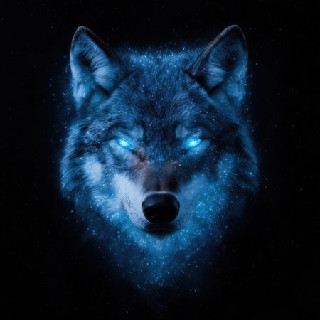 Glowing blue wolf with sparkling eyes in the night skyの素材