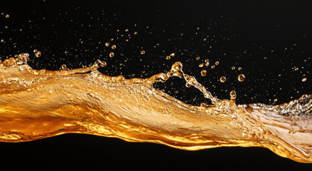 Splashing golden liquid on black backgroundの素材