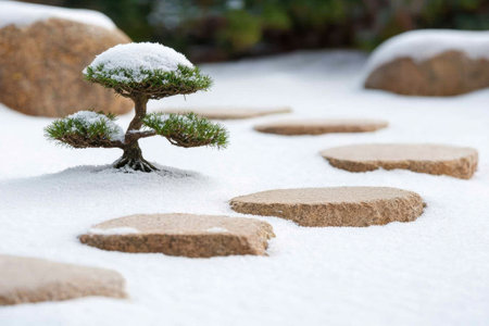 Miniature bonsai tree covered in snowの素材