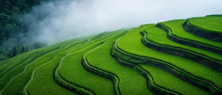Lush green rice terraces in the mistの素材