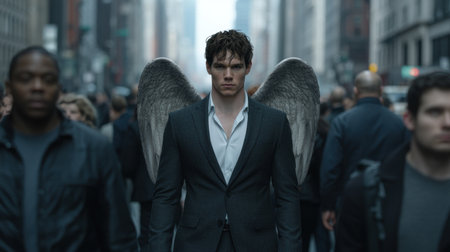 Mysterious man with angel wings walking through crowded city streetの素材