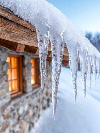 icicles on a wooden cabin in the snowの素材