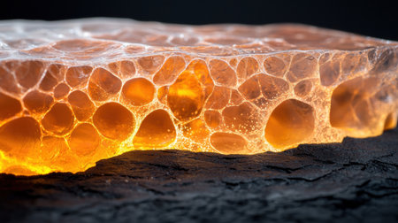 Closeup of a honeycomb structure with golden honeyの素材