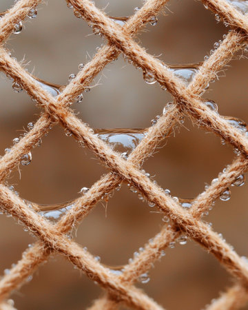 Intricate web of dew-covered ropeの素材