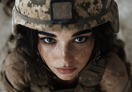 Intense gaze of a soldier in camouflage uniformの素材