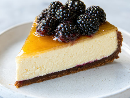 Delicious blackberry cheesecake on a plateの素材