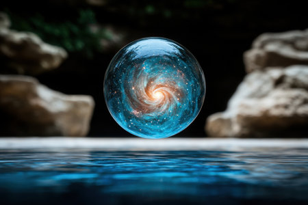 Ethereal galaxy sphere floating in waterの素材