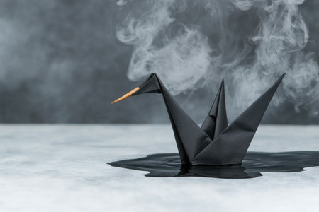 Origami swan on water with smokeの素材