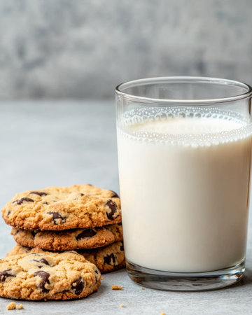 Delicious chocolate chip cookies with a glass of milkの素材