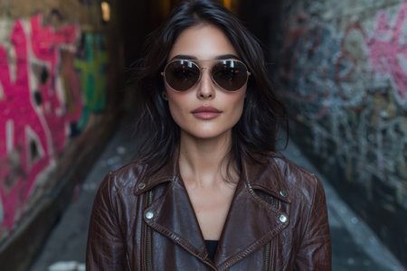 stylish woman in leather jacket and sunglassesの素材