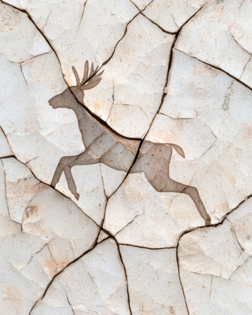 Cracked stone texture with deer silhouetteの素材