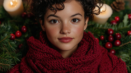 young woman in red scarf surrounded by christmas decorの素材