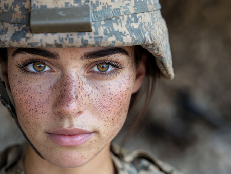 Intense gaze of a young woman with frecklesの素材