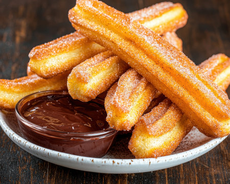 Delicious cinnamon-sugar coated churros with chocolate dipping sauceの素材