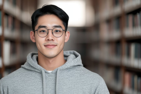 young asian man with glasses looking at cameraの素材
